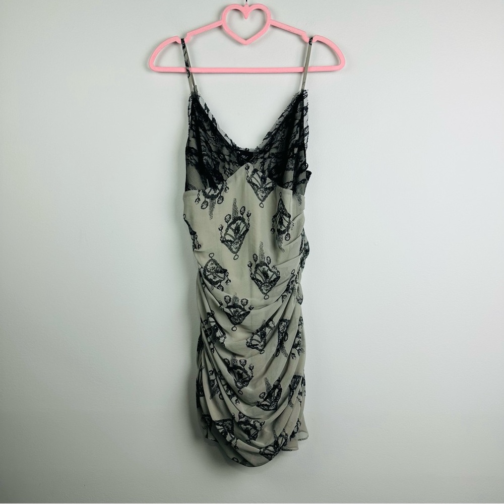 Miss Me Chandelier Print Ruched Lace Trim Slip Dress Beige Black Size Medium